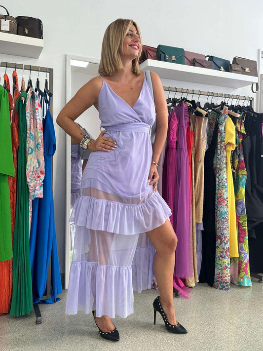Abito Glicine con Balze in Tulle – Romantico e Chic