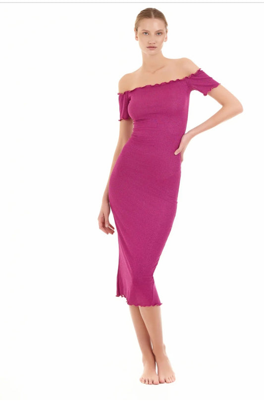 Abito midi fucsia con scollo bardot - Cotazur